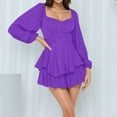 thumbnail image 1 of Blczomt Purple Dresses for Women Plain Mini Puff Sleeve Flowy Dress Ruffle Double Layer Square Neck Dresses, 1 of 7