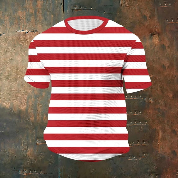 Blczomt Red Men's Shirts Crew Neck Big & Tall Casual Tshirt Waffle Knit Summer Striped Classic Oversized Tshirts for Men