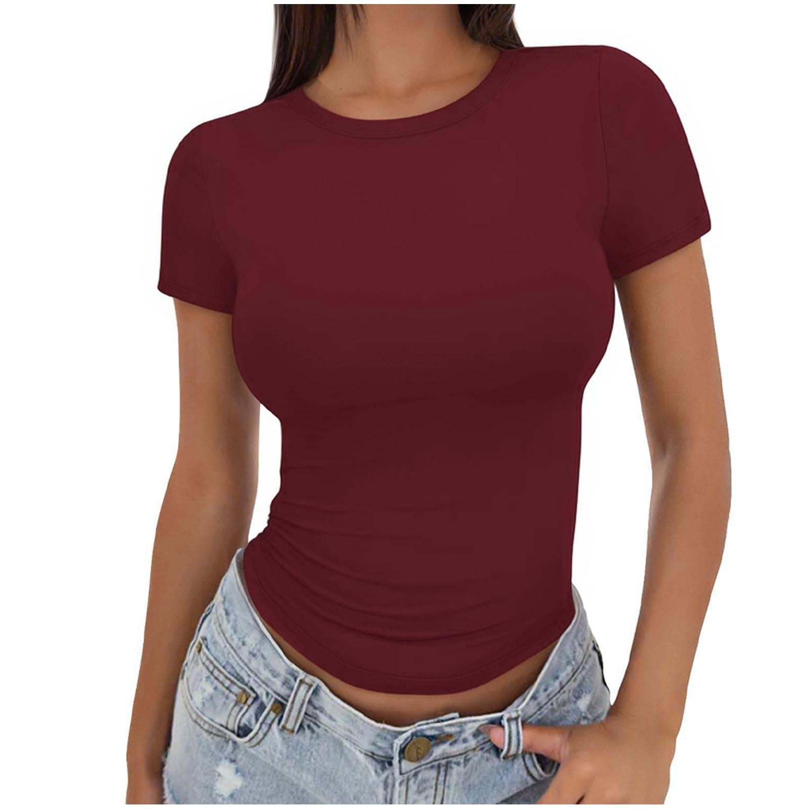 Blczomt Red Tops Women Cap Sleeve Workout Crewneck T Shirts Slim Plain