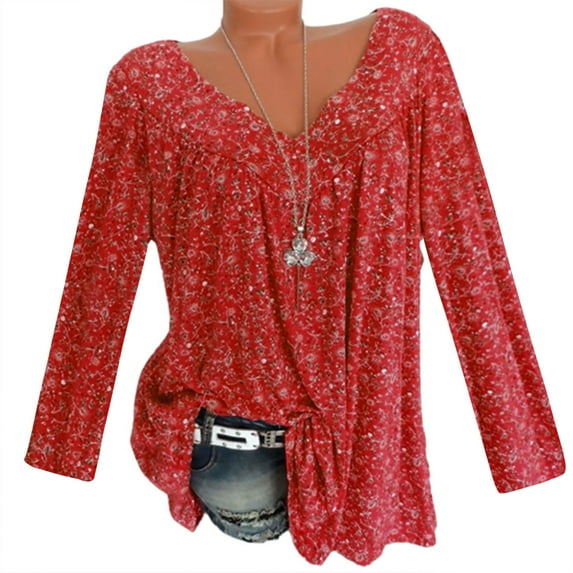 Blczomt Red Tops for Women Casual Plain Long Sleeve Shirt Soft Trendy V Neck Blouses for Women