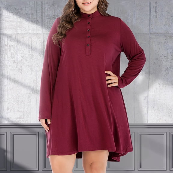 Blczomt Red Women Dress Mini Long Sleeve Plain Plus Size A Line Loose Crew Neck Casual Dresses