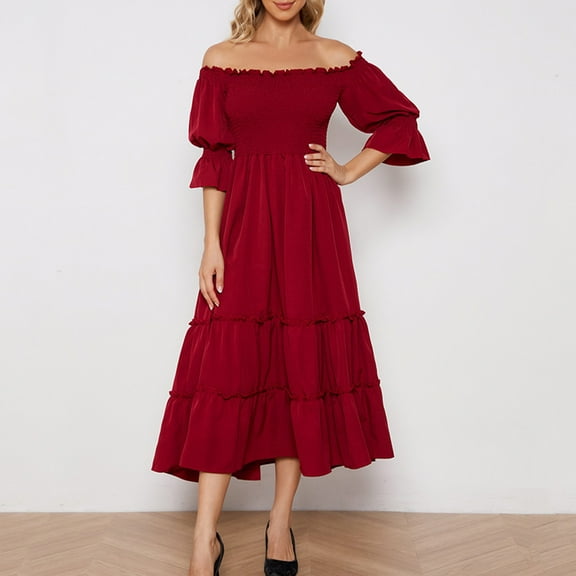 Blczomt Red Women's Dress Dressy Casual Formal Puff Sleeve A Line Off Shoulder Tiered Evening Gowns Solid Dresses