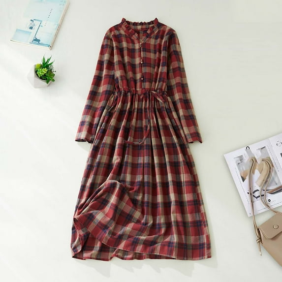 Blczomt Red Womens Holiday Dress Casual Maxi Long Sleeve Plaid A Line Dressy Casual Crewneck Dresses