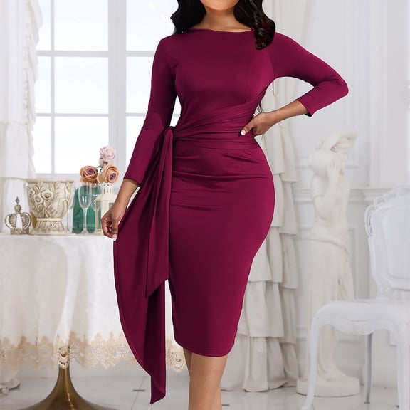 Blczomt Red Womens Holiday Dresses 2025 Long Sleeve Ruched Dressy Sheath Crew Neck Formal Solid Bodycon Dress