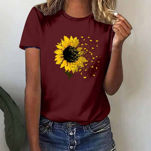 Blczomt Red Womens T-Shirts Summer Soft Short Sleeve Tee Crew Neck Sunflower Print Casual Women Blouse