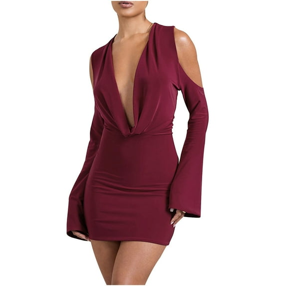 Blczomt Red Womens Winter Dress Sexy Mini Long Sleeve Bodycon Deep V Neck Off Shoulder Solid Party Dresses