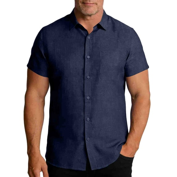 Blczomt Regular-Fit Men Short Sleeve T Shirts Blue Linen Summer Button Up Shirts Button Down Oversized Big and Tall Tshirts Men