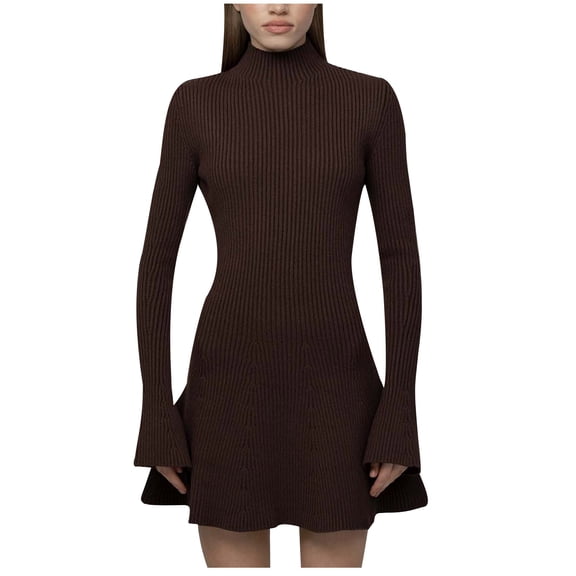 Blczomt Ribbed Holiday Dresses for Women Long Sleeve Mini Brown Dress Solid Dressy Casual Mock Neck Dresses