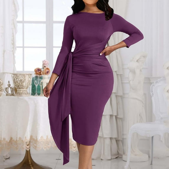 Blczomt Ruched Women's Dresses Long Sleeve Dressy Purple Sheath Crew Neck Bodycon Formal Solid Dress