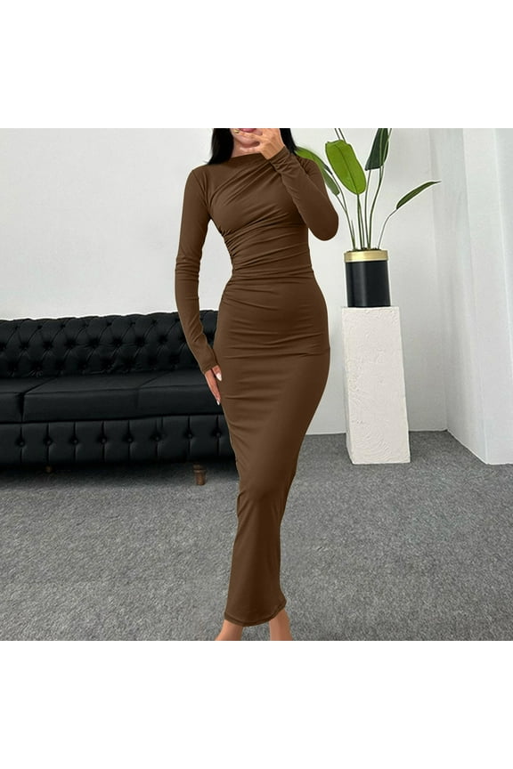 Sexy Womens Dresses Brown Slim Long Sleeve Bodycon Crewneck Elegant Sheath Dress