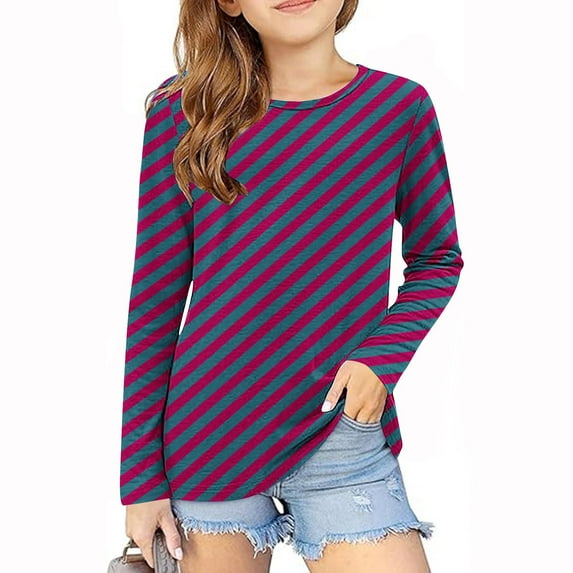 Blczomt Shirts for Girls Fashion Long Sleeve Cute T Shirts Pullover Striped Print Pink Crew Neck Loose Girl Clothes