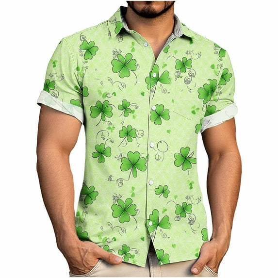 Blczomt Short Sleeve Men Shirt Soft Button Down Green St. Patrick's Day T-Shirts Big and Tall Clover Graphic Button Up Mens Clothes