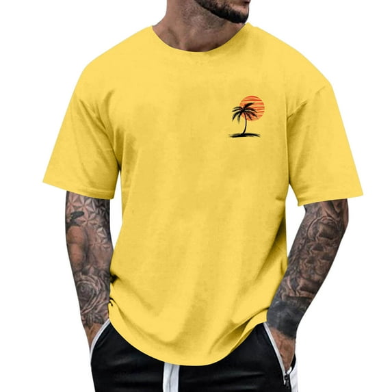 Blczomt Short Sleeve Shirts Men Crew Neck Summer Beach T Shirts 2025 Yellow Casual Loose Mens Shirts