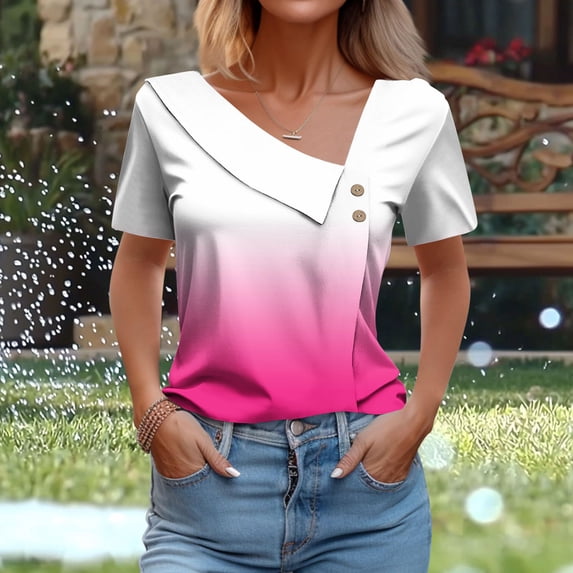 Blczomt Short Sleeve Spring Tops for Women Dressy Summer Cute Shirt Button Pink V Neck Gradient Womens Shirts Casual
