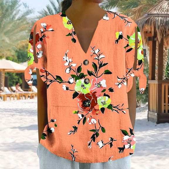 Blczomt Short Sleeve Summer Tops for Women Floral Plus Size Blouse V Neck Peasant Short Sleeve Orange Ladies Tops