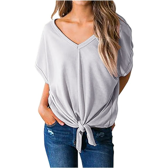 Blczomt Short Sleeve Summer Tops for Women Plain V Neck T Shirt Casual Gray Loose Fit Tie Front Blouse for Women