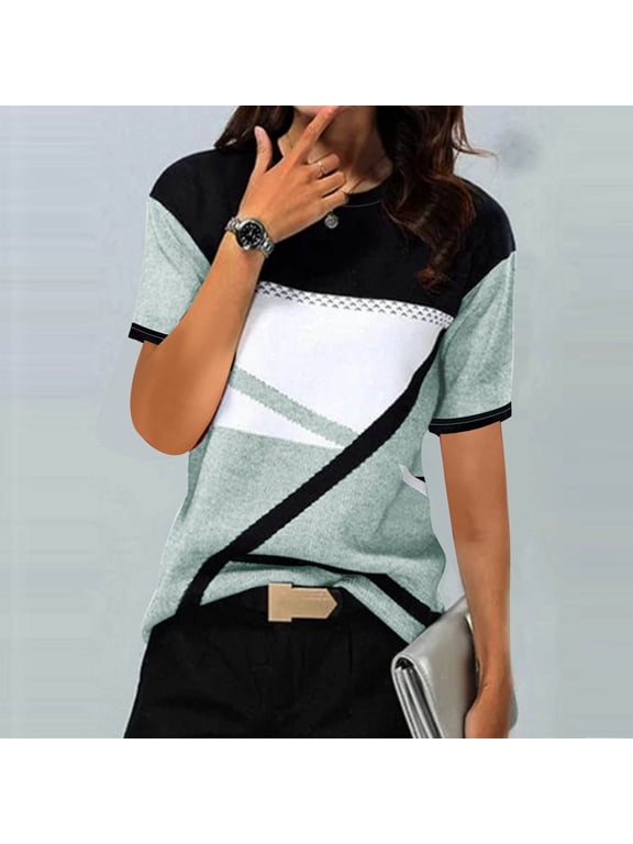 Short Sleeve T Shirts Women Summer Green Color Block T Shirt Crewneck Geometric Print Casual Blouses for Women