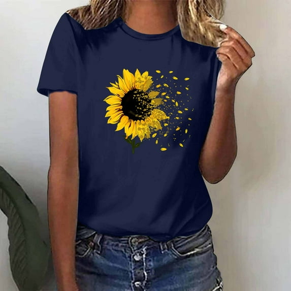 Blczomt Short Sleeve Tops Womens Soft Summer Blue Tee Crew Neck Sunflower Print Casual Women Blouse