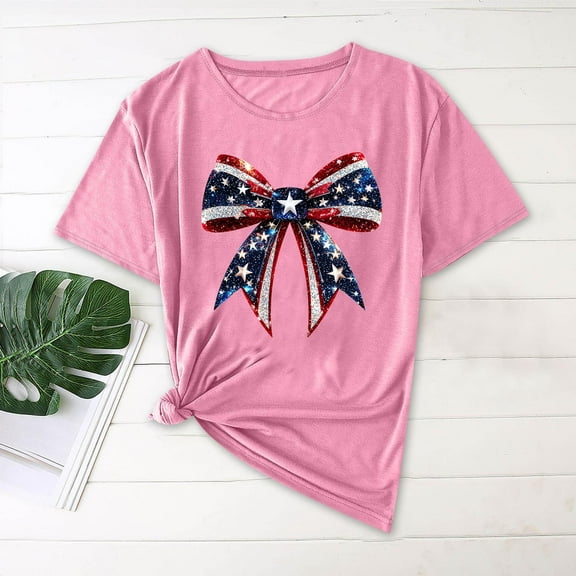 Blczomt Short Sleeve Tops for Women Crew Neck Independence Day T Shirt American Flag 2025 Casual Pink Womens Plus Size Blouses