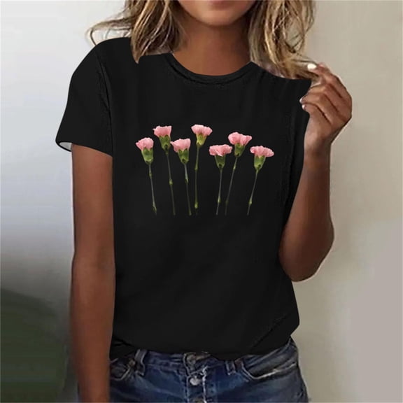 Blczomt Short Sleeve Tops for Women Trendy Casual Crew Neck T Shirt Summer Vacation Black Floral Plus Size Blouses for Women