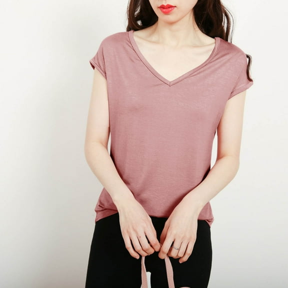 Blczomt Short Sleeve Tops for Women Trendy Summer Basic V Neck Tees Workout Plain Pink Casual Blouses for Women Plus Size