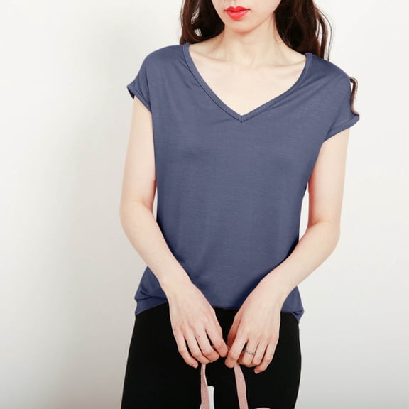 Blczomt Short Sleeve Tops for Women Trendy V Neck Basic Tees Casual Plain Workout Blue Summer Plus Size Blouses for Curvy Women