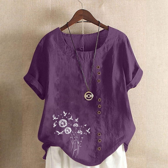 Blczomt Short Sleeve Women Tops on Sale under $10 Summer Cotton Linen Shirt Casual Button Trendy Purple Ladies Tops and Blouses