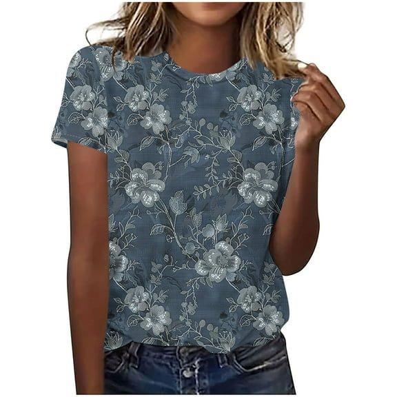 Blczomt Short Sleeve Women's Summer Tops Crew Neck T Shirts Floral Plain Womens Blouses Casual