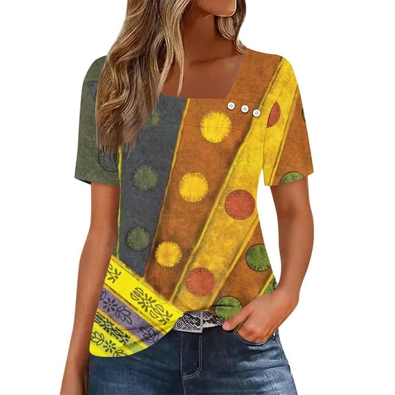 Blczomt Short Sleeve Women's Tops Summer Crew Neck T Shirts Casual Trendy Yellow Color Block Womens T Shirts