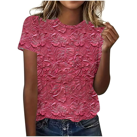Blczomt Short Sleeve Women's Tops Summer Crew Neck T Shirts Floral Loose Fit Casual Women Blouses