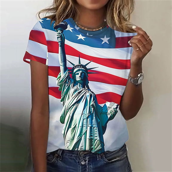 Blczomt Short Sleeve Womens Tops Plus Size Independence Day 4th of July Tees American Flag 2025 Patriotic T Shirts for Women