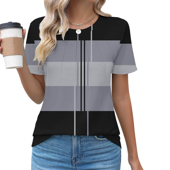 Blczomt Short Sleeve Womens Tops Summer Crew Neck T Shirts Pullover 2025 Color Block Gray Womens Blouses