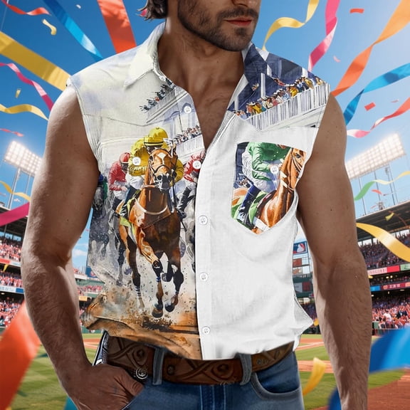 Blczomt Sleeveless Shirt Men Muscle Button Down Graphic Tank Tops Casual White Mens Shirt