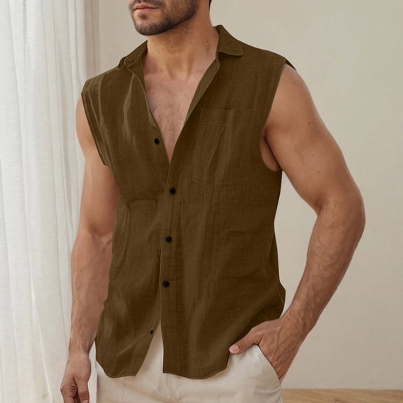 Blczomt Sleeveless Tanks for Men Linen Vest Breathable Vacation Button Down Summer Brown Men's Clothing