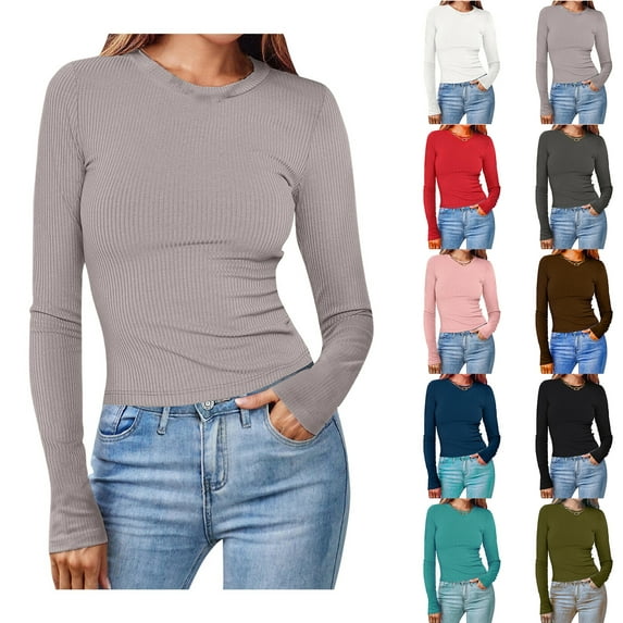 Blczomt Slim Fit Shirts for Women Long Sleeve Gray Plain Blouse Fall Dressy Casual Crewneck Women's Blouses XL