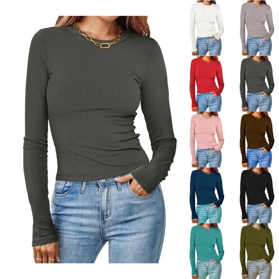 Blczomt Slim Fit Womens Tops Under $5 Long Sleeve Gray Plain Blouse Fall Dressy Casual Crewneck Blouses for Women XL