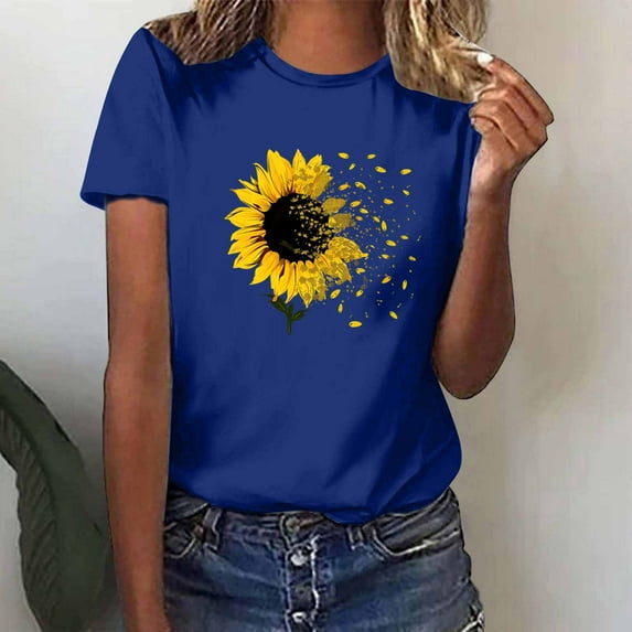 Blczomt Soft Womens T-Shirt Blue Short Sleeve Summer Tee Casual Sunflower Print Crew Neck Ladies Blouse