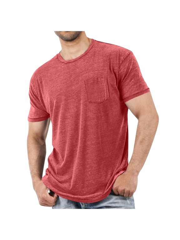 Solid Color Mens T Shirts under $5 Short Sleeve Casual Tees Summer Pockets Red Plain Crew Neck Men Clothing