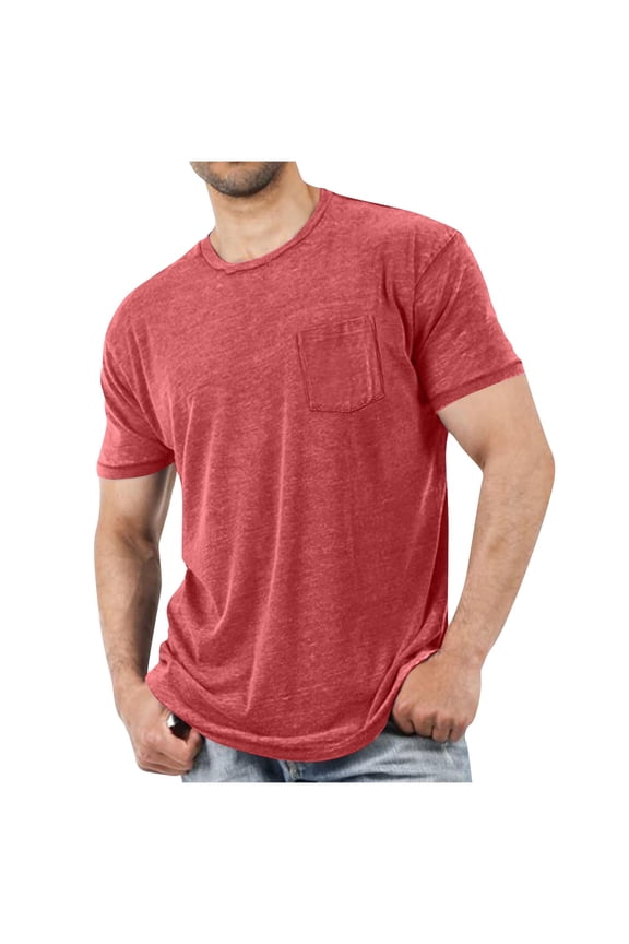 Solid Color Mens T Shirts under $5 Short Sleeve Casual Tees Summer Pockets Red Plain Crew Neck Men Clothing