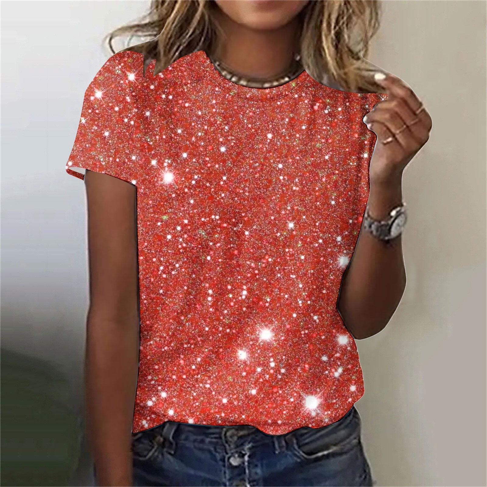 Blczomt Sparkly Tops Womens Casual Red Sequin T-Shirt Short Sleeve ...