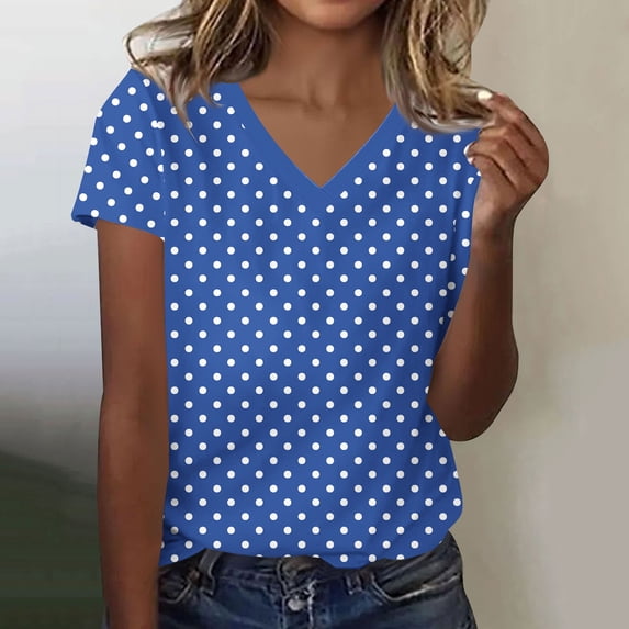 Blczomt Spring Blouses for Women 2026 Polka Dot Casual Cute Blue Blouses Lightweight V Neck,XXXL