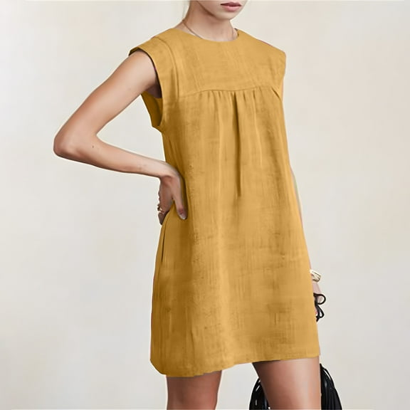 Blczomt Spring Dresses for Women 2025 Mini Cotton Linen Casual Tank Dress Summer Soft Cap Sleeve Yellow Women Fashion