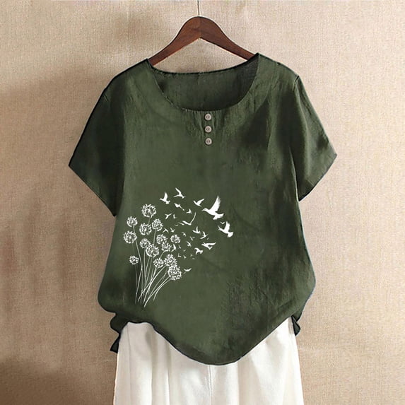 Blczomt Spring Summer Womens Tops Plus Size Short Sleeve Dressy Casual Shirt Loose Fit Crew Neck Floral Green Blouse for Women