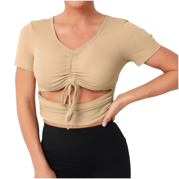 Blczomt Spring Tops for Women 2025 Crop Slim Workout Shirts Beige Knit Sexy Plus Size Blouses for Curvy Women
