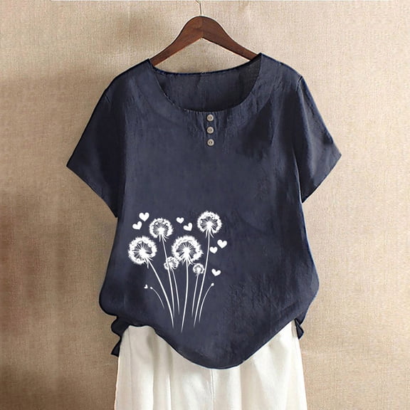 Blczomt Spring Tops for Women 2025 Dressy Casual Short Sleeve Summer Shirt Floral Crew Neck Blue Loose Fit Womens T Shirts