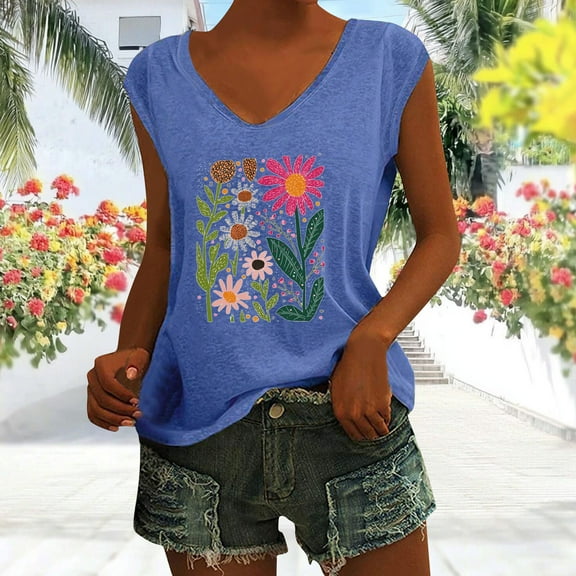 Blczomt Spring Tops for Women 2025 Short Sleeve V Neck Floral Graphic Tees Blue Loose Fit Casual Womens Summer Blouses
