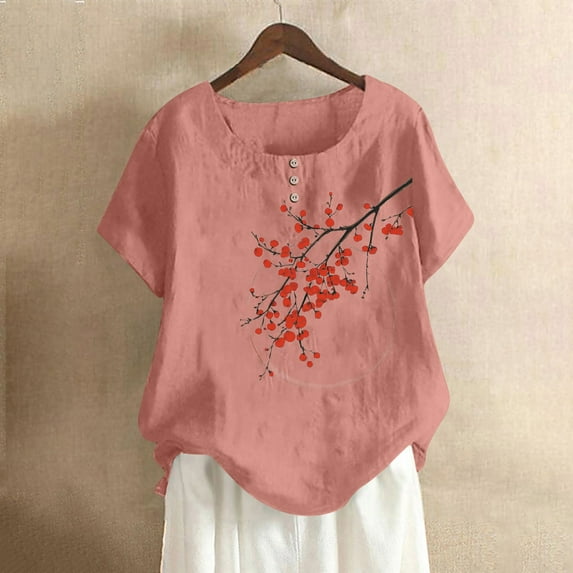 Blczomt Spring Tops for Women Crew Neck Short Sleeve Floral Shirt 2025 Casual Pink Round Neck Blouses for Women Plus Size