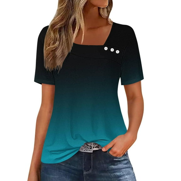 Blczomt Spring Tops for Women Short Sleeve Crew Neck T Shirts Casual Blue Gradient Trendy Summer Shirts for Women