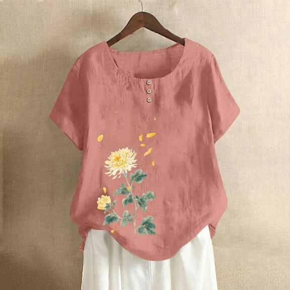 Blczomt Spring Womens Tops Casual Dressy Short Sleeve Shirt Floral Loose Fit Pink Crew Neck Womens Summer Blouses