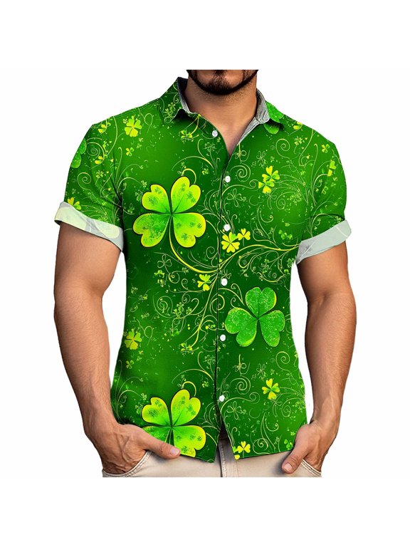 St. Patrick's Day Men Shirts Green Regular-Fit Button Down Summer T Shirt Button Up Clover Graphic Casual Mens Tshirts